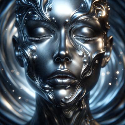 The primary subject of the image is a close-up of a woman's face, with her eyes closed. The setting is a blue background, which adds a sense of depth and contrast to the image. The visual style is a combination of photo and digital art, creating a unique and intriguing representation of the woman's face. The colors in the image are predominantly blue, which contributes to the overall mood of the image, evoking a sense of calmness and tranquility.